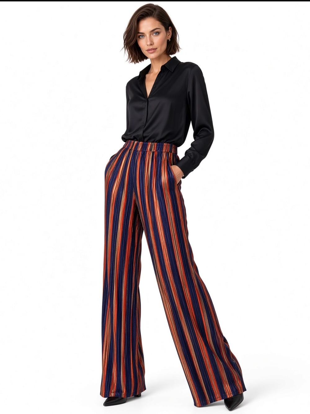 Women's Wide-Leg Velvet Striped Pants in Navy Purple Gold Black and Rust